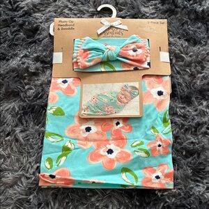 Baby Essentials Coral and Aqua Floral Headband and Swaddle Set